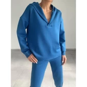 Lucky Life Kadın Uzun Kol V Yaka Kapüşon Detay Sweat Ve Yüksel Bel Eşofman Ikili Takım - 5