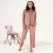 Estiva Desenli Önden Düğmeli Kadife Bayan Pijama Takım - 1