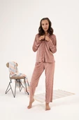 Estiva Desenli Önden Düğmeli Kadife Bayan Pijama Takım - 5