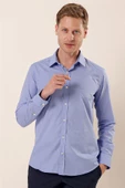 Mavi Uzun Kollu Filafil Desen Filafil Sert Yaka Cepsiz Pamuklu Basic Slim Gömlek 1004230907 thumbnail 1