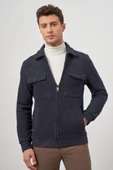 Koyu Lacivert Örme Bebe Yaka Kendinden Desenli Yırtmaçsız Astarsız Slim Fit Classic Mont 1007245156 - 2