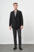 Siyah Kruvaze Kaşe Kılıç Yaka Düz Yırtmaçsız Tam Astar Slim Fit Classic Kaban 1008245152 - 2