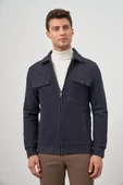 Koyu Lacivert Örme Bebe Yaka Kendinden Desenli Yırtmaçsız Astarsız Slim Fit Classic Mont 1007245156 - 5