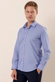 Mavi Uzun Kollu Filafil Desen Filafil Sert Yaka Cepsiz Pamuklu Basic Slim Gömlek 1004230907 thumbnail 3