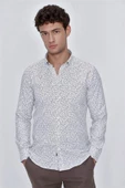Koyu Bej Uzun Kol Baskılı Balıksırtı Düğmeli Yaka  Pamuklu Slim Fit Dar Kesim Klasik Gömlek 1004225911 - 4
