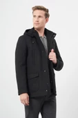 Siyah Kaşe Dik Yaka Astarlı Slim Fit Dar Kesim Klasik Kaban 1008245272 - 1