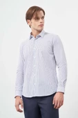 Beyaz Uzun Kol Çizgili Desen Gabardin Sert Yaka Cepsiz Pamuklu Classic Slim Fit Gömlek 1004245207 - 5