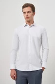 Beyaz Uzun Kol Kendinden Armürlü Cepli Pamuklu Classic Comfort Fit Gömlek 1004245155 thumbnail 5