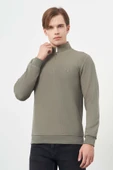 Koyu Haki Örme Hakim Yaka Pamuklu Casual Slim Fit Dar Kesim Sweatshirt 1013245151 thumbnail 3