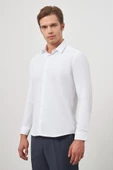 Beyaz Uzun Kol Kendinden Desenli Armürlü 032 Sert Yaka Classic Slim Fit Gömlek 1004245151 - 4
