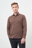 Koyu Kahverengi Uzun Kol Yarım İtalyan Yaka Cepsiz Pamuklu Classic Slim Fit Gömlek 1004245222 thumbnail 3