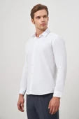 Beyaz Uzun Kol Kendinden Desenli Armürlü 032 Sert Yaka Classic Slim Fit Gömlek 1004245151 - 3