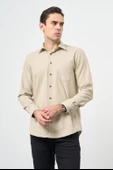 Açık Bej Uzun Kol Düz Gabardin Sert Yaka Cepli Pamuklu Classic Comfort Fit Gömlek 1004245168 thumbnail 3