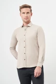 Bej Uzun Kol Düz Bez Ayağı Yarım İtalyan Yaka Cepsiz Pamuklu Classic Slim Fit Gömlek 1004245211 thumbnail 3