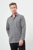 Füme Uzun Kol Ekose Desen Gabardin Sert Yaka Cepli Pamuklu Classic Comfort Fit Gömlek 1004245170 - 3