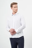 Beyaz Uzun Kol Çizgili Desen Gabardin Sert Yaka Cepsiz Pamuklu Classic Slim Fit Gömlek 1004245205 thumbnail 3