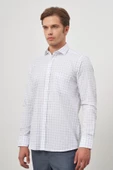 Beyaz Uzun Kol Kareli Desen Yarım İtalyan Cepli Classic Comfort Fit Gömlek 1004245196 thumbnail 3