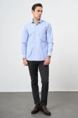 Mavi Uzun Kol Kendinden Armürlü Yarım İtalyan Cepli Pamuklu Classic Comfort Fit Gömlek 1004245210 thumbnail 2
