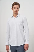 Koyu Lacivert Uzun Kol Çizgili Desen Bez Ayağı 041 Sert Yaka Classic Comfort Fit Gömlek 1004240263 - 3