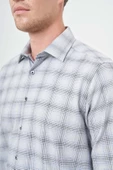 Koyu Mavi Uzun Kol Ekose Desen Gabardin Cepsiz Pamuklu Classic Comfort Fit Gömlek 1004245165 thumbnail 4