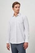 Koyu Lacivert Uzun Kol Çizgili Desen Bez Ayağı 041 Sert Yaka Classic Comfort Fit Gömlek 1004240263 - 1
