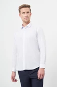 Beyaz Uzun Kol Çizgili Desen Gabardin Sert Yaka Cepsiz Pamuklu Classic Slim Fit Gömlek 1004245205 thumbnail 1