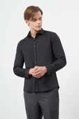Siyah Uzun Kol Düz Bez Ayağı Yarım İtalyan Yaka Cepsiz Pamuklu Classic Slim Fit Gömlek 1004245211 thumbnail 3