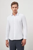 Beyaz Uzun Kol Kendinden Desenli Armürlü 032 Sert Yaka Classic Slim Fit Gömlek 1004245151 - 5