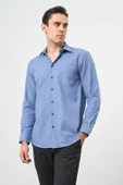 Mavi Uzun Kol Düz Gabardin Sert Yaka Cepli Pamuklu Classic Comfort Fit Gömlek 1004245168 - 3