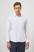 Beyaz Uzun Kol Kendinden Desenli Armürlü 032 Sert Yaka Classic Slim Fit Gömlek 1004245151 - 1