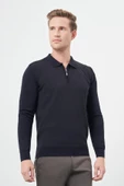 Koyu Lacivert Uzun Kol Kendinden Desenli Örme Polo Yaka Classic Comfort Fit Triko 1012245160 - 3