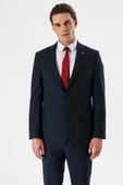 Koyu Lacivert Çizgili Mono Yaka Yünlü Likralı 6 Drop Comfort Rahat Kesim Klasik Takım Elbise 1001235173 - 3