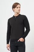 Siyah Uzun Kol Kendinden Desenli Örme Polo Yaka Classic Comfort Fit Triko 1012245160 - 3