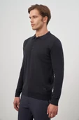 Koyu Lacivert Uzun Kol Kendinden Desenli Örme Polo Yaka Classic Comfort Fit Triko 1012245162 - 5