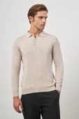 Açık Bej Uzun Kol Düz Örme Polo Yaka Classic Comfort Fit Triko 1012245007 - 5