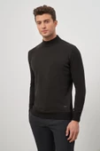 Siyah Uzun Kol Kendinden Desenli Örme Yarım Balıkçı Yaka Classic Comfort Fit Triko 1012245159 - 4