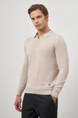 Açık Bej Uzun Kol Düz Örme Polo Yaka Classic Comfort Fit Triko 1012245007 - 4