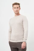 Açık Bej Uzun Kol Kendinden Desenli Örme Bisiklet Yaka Classic Slim Fit Triko 1012245200 - 1