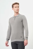 Gri Uzun Kol Kendinden Desenli Örme Polo Yaka Classic Comfort Fit Triko 1012245156 thumbnail 3