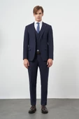 Lacivert Bez Ayağı Kılıç Yaka Tam Astar Yelekli 6 Drop Slim Fit Takım Elbise 1001245386 - 2