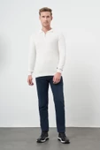 Beyaz Uzun Kol Kendinden Desenli Örme Polo Yaka Classic Comfort Fit Triko 1012245156 - 2