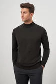 Siyah Uzun Kol Kendinden Desenli Örme Yarım Balıkçı Yaka Classic Comfort Fit Triko 1012245159 - 3