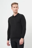 Siyah Uzun Kol Kendinden Desenli Örme Polo Yaka Classic Comfort Fit Triko 1012245162 - 1