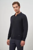 Koyu Lacivert Uzun Kol Düz Örme Polo Yaka Classic Comfort Fit Triko 1012245007 - 1