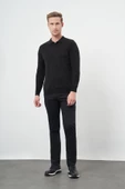 Siyah Uzun Kol Kendinden Desenli Örme Polo Yaka Classic Comfort Fit Triko 1012245162 - 3