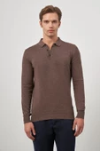 Sütlü Kahverengi Uzun Kol Düz Örme Polo Yaka Classic Comfort Fit Triko 1012245007 - 5