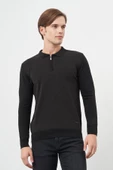 Siyah Uzun Kol Kendinden Desenli Örme Polo Yaka Classic Comfort Fit Triko 1012245160 - 1