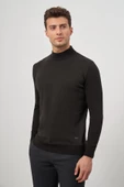 Siyah Uzun Kol Kendinden Desenli Örme Yarım Balıkçı Yaka Classic Comfort Fit Triko 1012245159 - 1