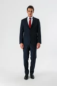Koyu Lacivert Çizgili Mono Yaka Yünlü Likralı 6 Drop Comfort Rahat Kesim Klasik Takım Elbise 1001235173 - 6