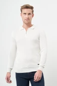 Beyaz Uzun Kol Kendinden Desenli Örme Polo Yaka Classic Comfort Fit Triko 1012245156 - 3